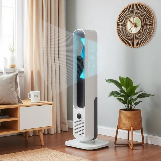 A modern tower fan for small Spaces with adjustable wind speed and swing